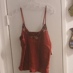 Elegant Red Lace Trim Cami Top Large Brick Red Color 100% Washable Silk